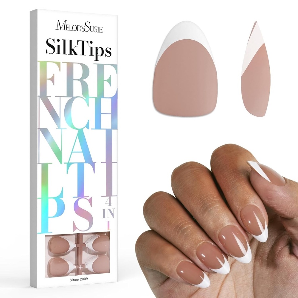 MelodySusie SILK TIPS Short Almond Tan And White French Tip Press On Nails